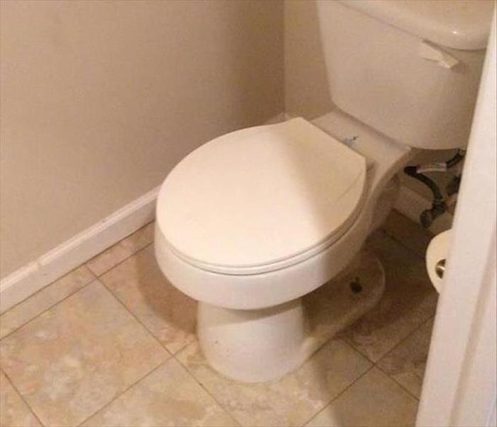 Wet bathroom floor with white toilet